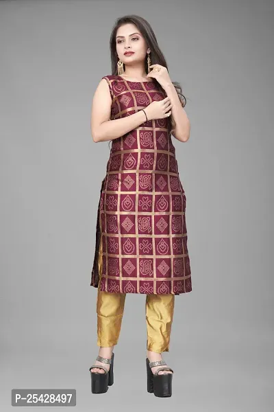 A-Line Maroon Woven Design Jacquard Kurti