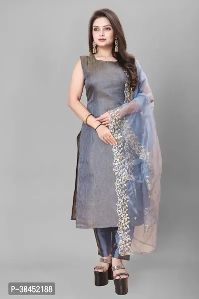 Elegant Grey Woven Design Jacquard Kurta Pant With Dupatta For Women-thumb0