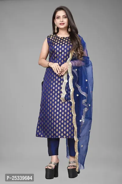 A-Line Navy Blue Woven Design Jacquard kurta Set