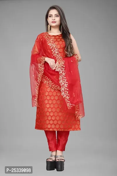 A-Line Red Woven Design Jacquard kurta Set-thumb0