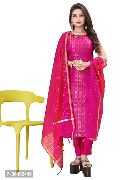 Elegant Pink Woven Design Jacquard A-Line Kurta Pant With Dupatta For Women