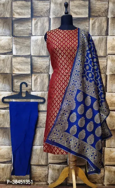 Elegant Maroon Woven Design Jacquard A-Line Kurta Pant With Dupatta For Women