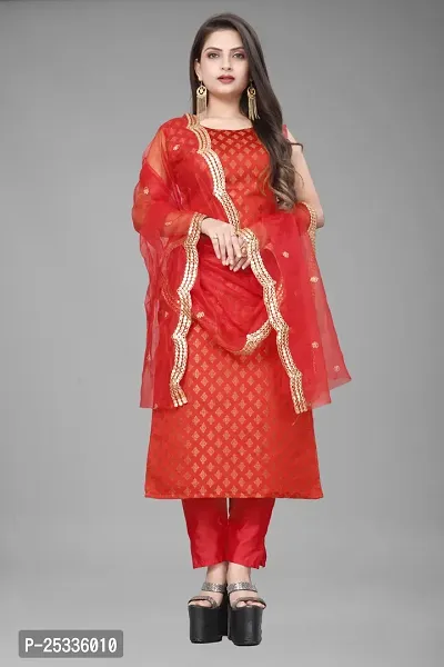 A-Line Red Woven Design Jacquard kurta Set