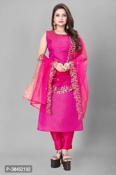 Elegant Pink Woven Design Jacquard Kurta Pant With Dupatta For Women