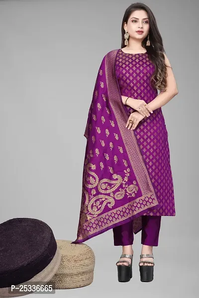 A-Line Purple Woven Design Jacquard kurta Set