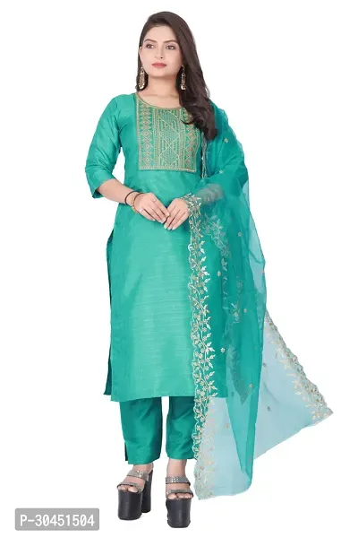 Stylish Green Silk Kurta, Bottom And Dupatta Set For Women