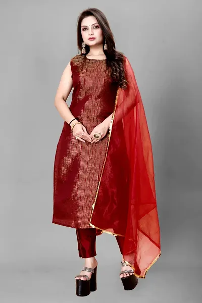 Stylish Jacquard Kurta And Pant With Dupatta Set For Women