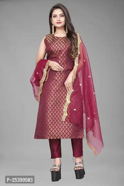 Elegant Red Jacquard Jacquard Weave Dress Material With Dupatta For Women