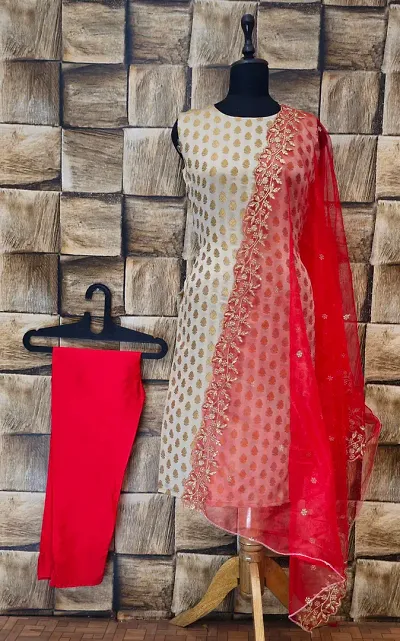 Stylish Jacquard Woven Kurta Bottom Dupatta Set