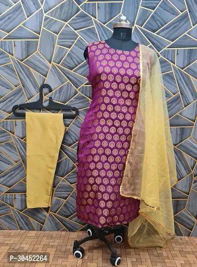 Elegant Purple Woven Design Jacquard Kurta Pant With Dupatta For Women