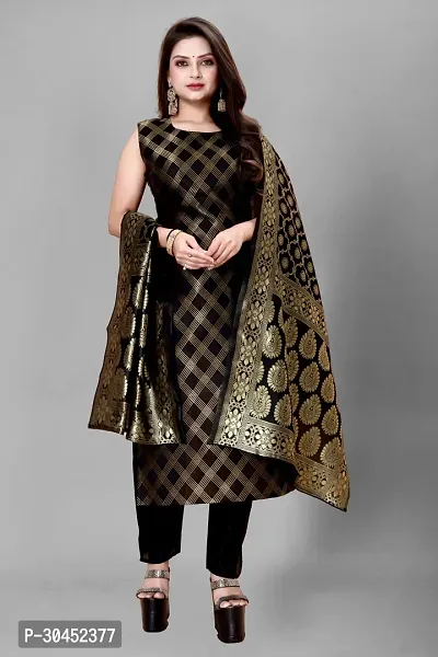 Elegant Black Woven Design Jacquard A-Line Kurta Pant With Dupatta For Women