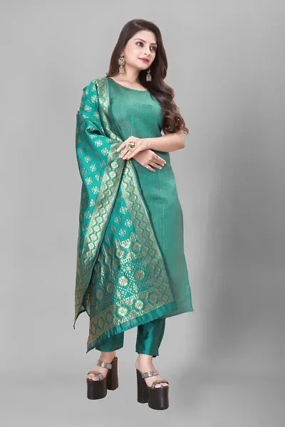 Stylish Jacquard A-Line Kurta With Bottom With Dupatta Set