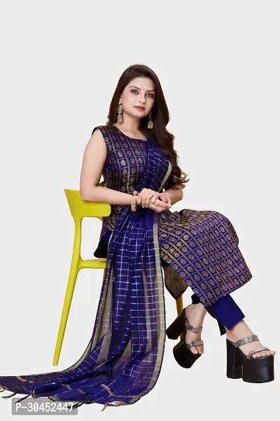 Elegant Navy Blue Woven Design Jacquard A-Line Kurta Pant With Dupatta For Women