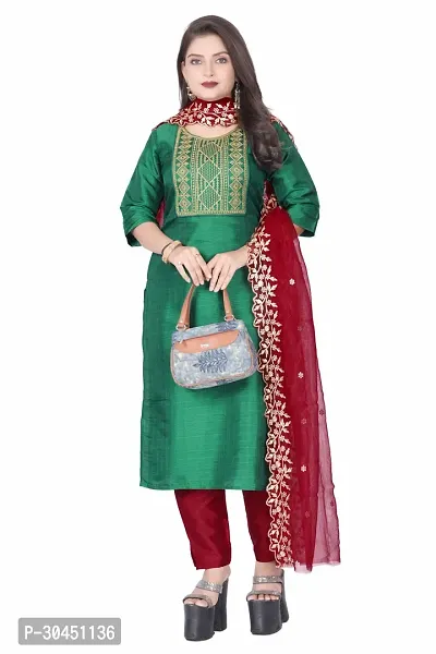 Stylish Green Silk Kurta, Bottom And Dupatta Set For Women