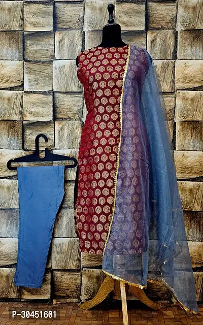 Elegant Maroon Woven Design Jacquard A-Line Kurta Pant With Dupatta For Women