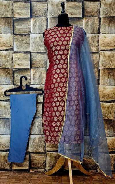 Elegant Woven Design Jacquard A-Line Kurta Pant With Dupatta For Women