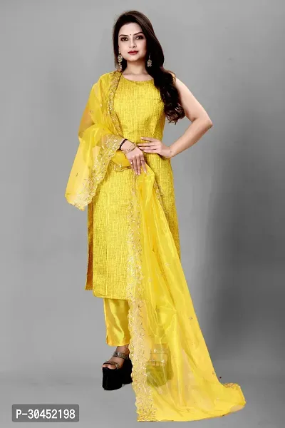 Elegant Yellow Woven Design Jacquard Kurta Pant With Dupatta For Women-thumb0