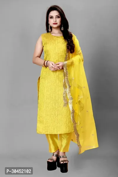 Elegant Yellow Woven Design Jacquard Kurta Pant With Dupatta For Women