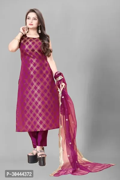 Stylish Purple Jacquard Kurta, Bottom And Dupatta Set For Women-thumb0