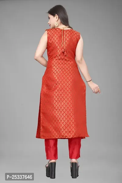 A-Line Red Woven Design Jacquard kurta Set-thumb3