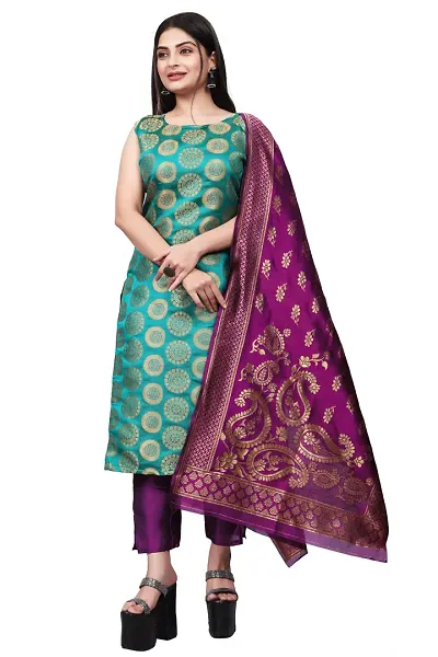 Elegant Jacquard Art Silk Kurta with Pant And Dupatta Set For Women