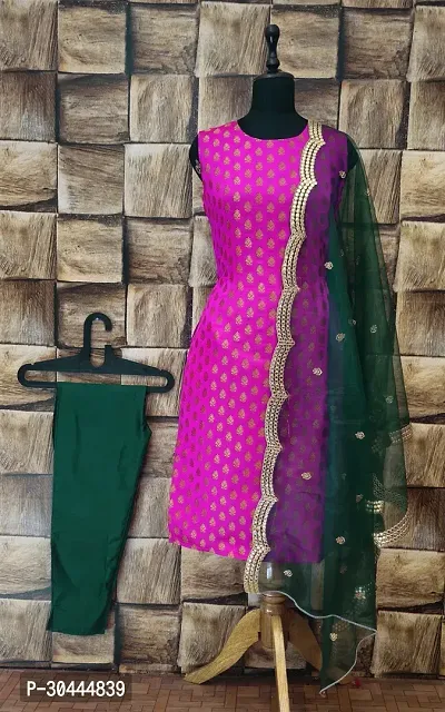 Stylish Pink Jacquard Kurta, Bottom And Dupatta Set For Women