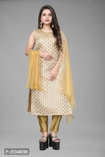 A-Line Beige Woven Design Jacquard kurta Set