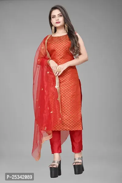 A-Line Red Woven Design Jacquard kurta Set