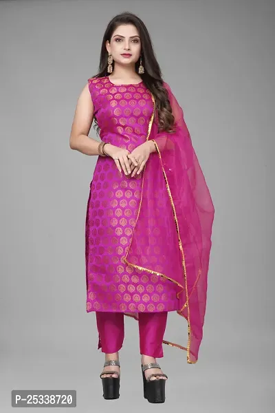 A-Line Pink Woven Design Jacquard kurta Set