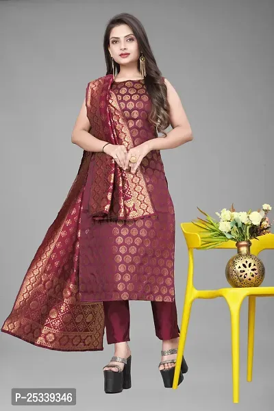 A-Line Maroon Woven Design Jacquard kurta Set-thumb0