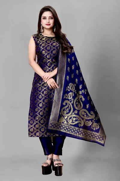 Stylish Jacquard A-Line Kurtis With Bottom And Dupatta Set