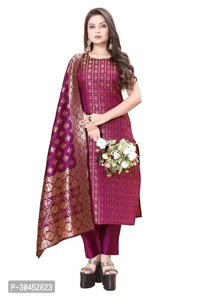 Elegant Purple Woven Design Jacquard A-Line Kurta Pant With Dupatta For Women-thumb0