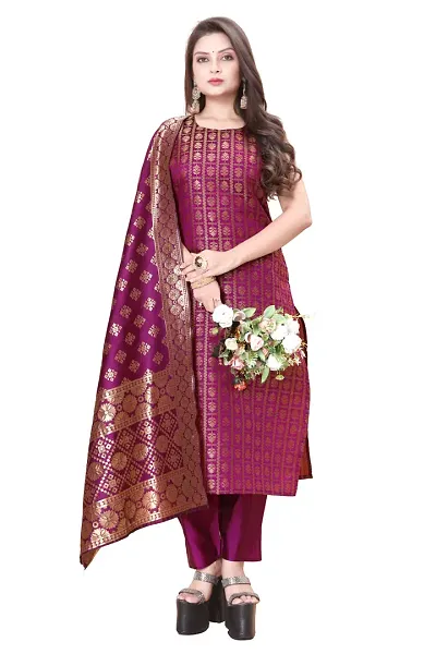 Stylish Jacquard Kurta And Pant With Dupatta Set For Women