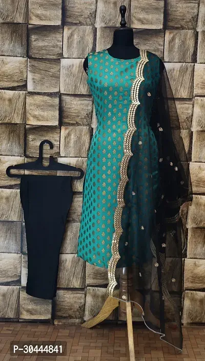 Stylish Teal Jacquard Kurta, Bottom And Dupatta Set For Women