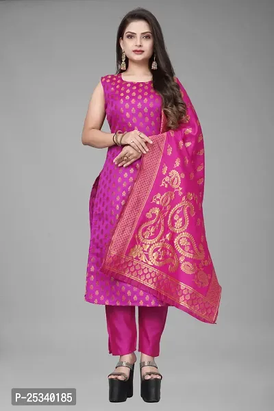 A-Line Pink Woven Design Jacquard kurta Set-thumb0