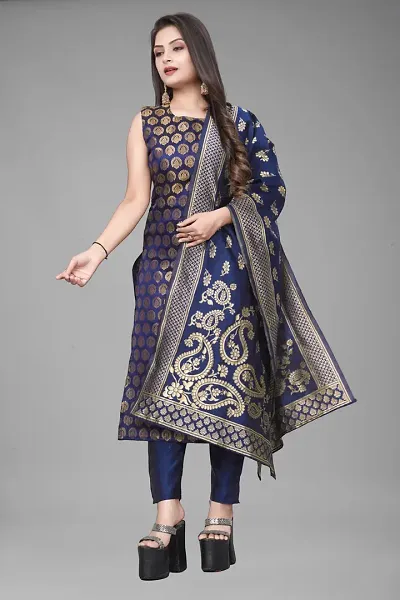 Womens Woven Design Kurta Pant With Dupatta Set