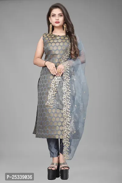 A-Line Grey Woven Design Jacquard kurta Set-thumb0