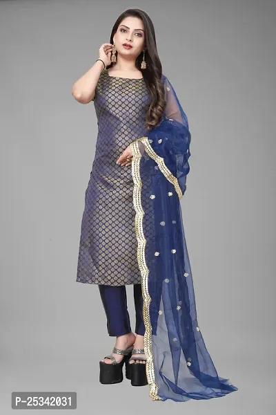 A-Line Navy Blue Woven Design Jacquard kurta Set-thumb0