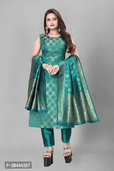 Stylish Teal Jacquard Kurta, Bottom And Dupatta Set For Women