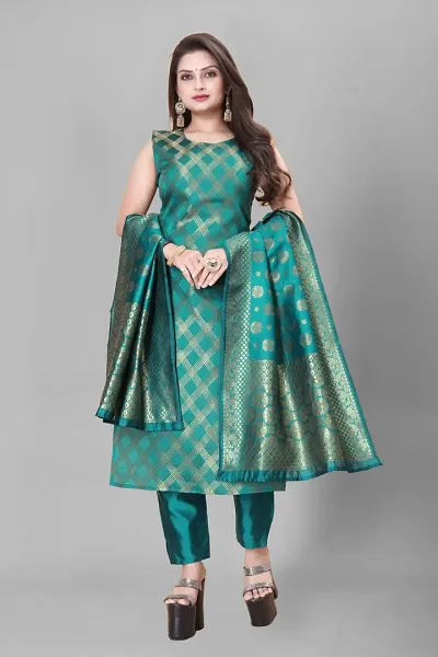 Stylish Jacquard A-Line Kurta With Bottom With Dupatta Set