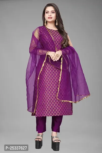 A-Line Purple Woven Design Jacquard kurta Set