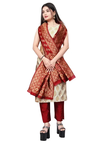 Stylish Jacquard Kurta And Pant With Dupatta Set For Women