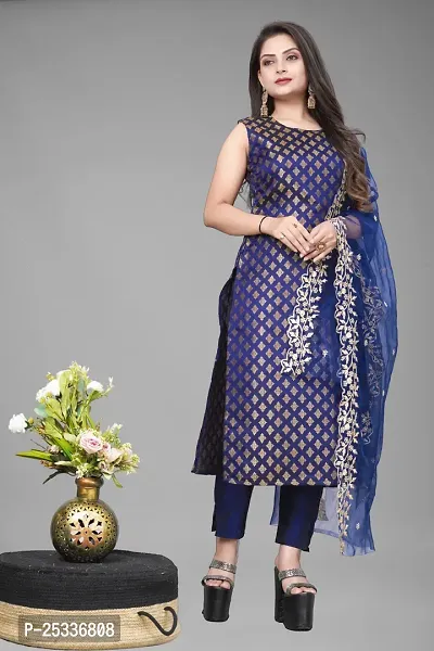 A-Line Navy Blue Woven Design Jacquard kurta Set-thumb0