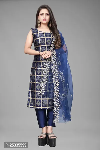 A-Line Navy Blue Woven Design Jacquard kurta Set