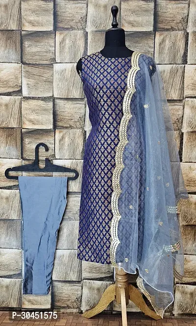 Stylish Navy Blue Jacquard Kurta, Bottom And Dupatta Set For Women