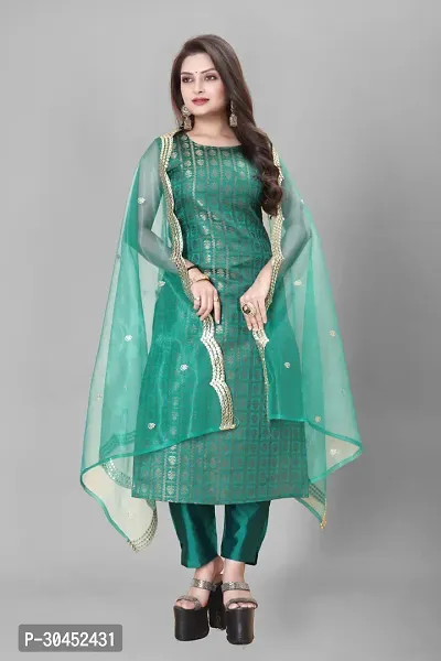 Elegant Teal Woven Design Jacquard A-Line Kurta Pant With Dupatta For Women