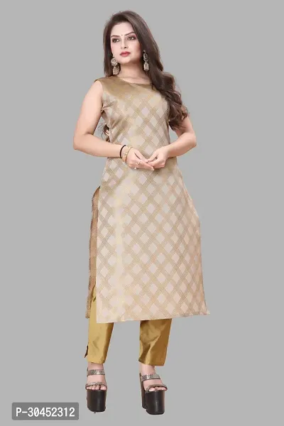 Elegant Beige Woven Design Jacquard A-Line Kurta Pant With Dupatta For Women-thumb2