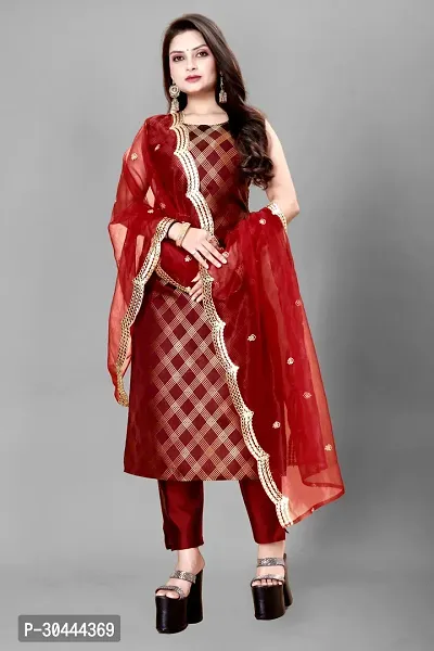 Stylish Maroon Jacquard Kurta, Bottom And Dupatta Set For Women