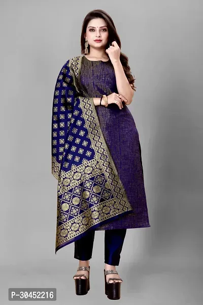 Elegant Navy Blue Woven Design Jacquard Kurta Pant With Dupatta For Women