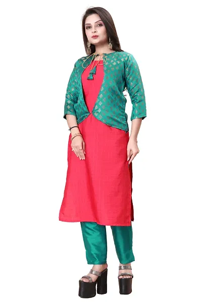 Stylish Soft Silk Kurta With Pant And Koti Set For Women